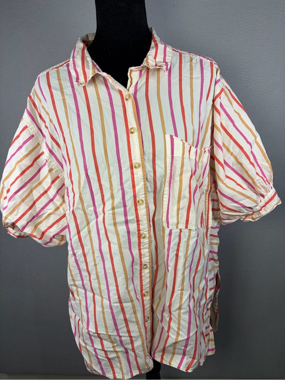 Pilcro Cream Button-Up Shirt with Pink & Orange Stripes